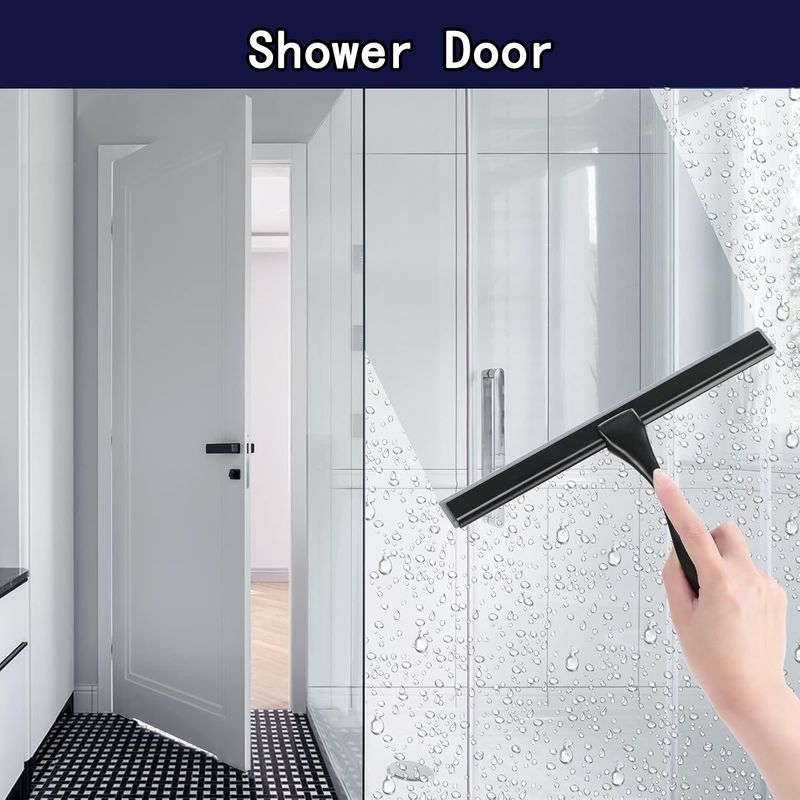 Shower Squeegee, 10" Stainless Steel Black Squeegee, Universal Stainless Steel Squeegee For Bathroom, Shower Doors, Mirrors, Tiles & Car Windows_voghion.com