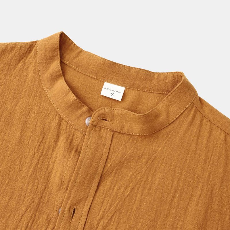 Camicia da uomo ampia a maniche lunghe in cardigan con colletto alla coreana in lino tinta unita_voghion.com