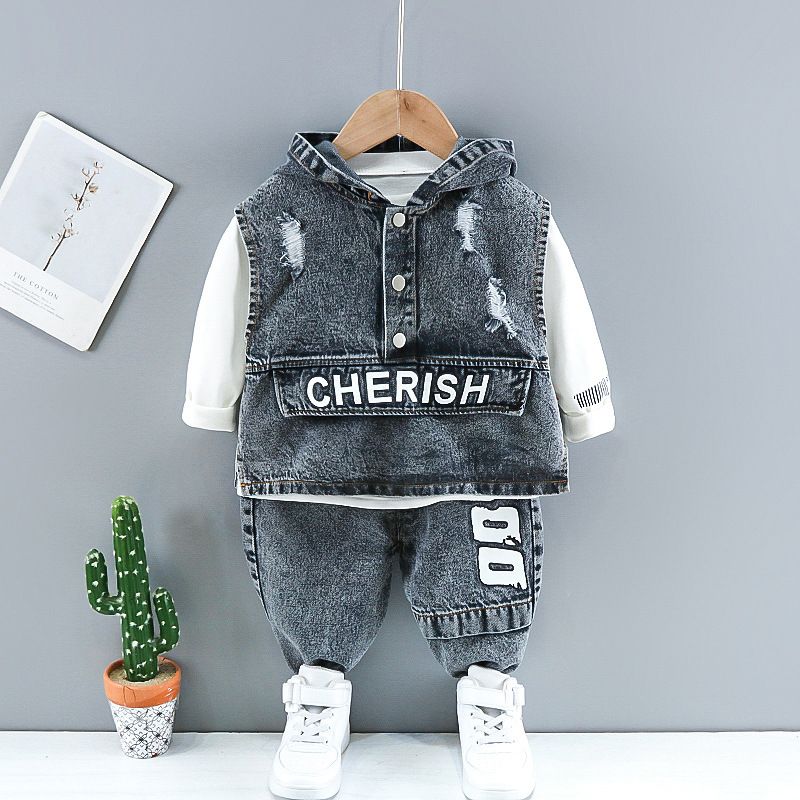 Haine pentru bebeluși, primăvară, toamnă, costum rupt, jachetă din denim, vestă cu glugă, cămașă + pantaloni, set 3 piese_voghion.com