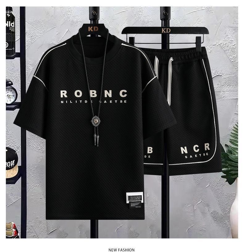 Ropa de hombre, traje de seda de hielo de verano, camiseta holgada de manga corta, pantalones cortos, conjunto deportivo fino y transpirable de gofres a la moda_voghion.com