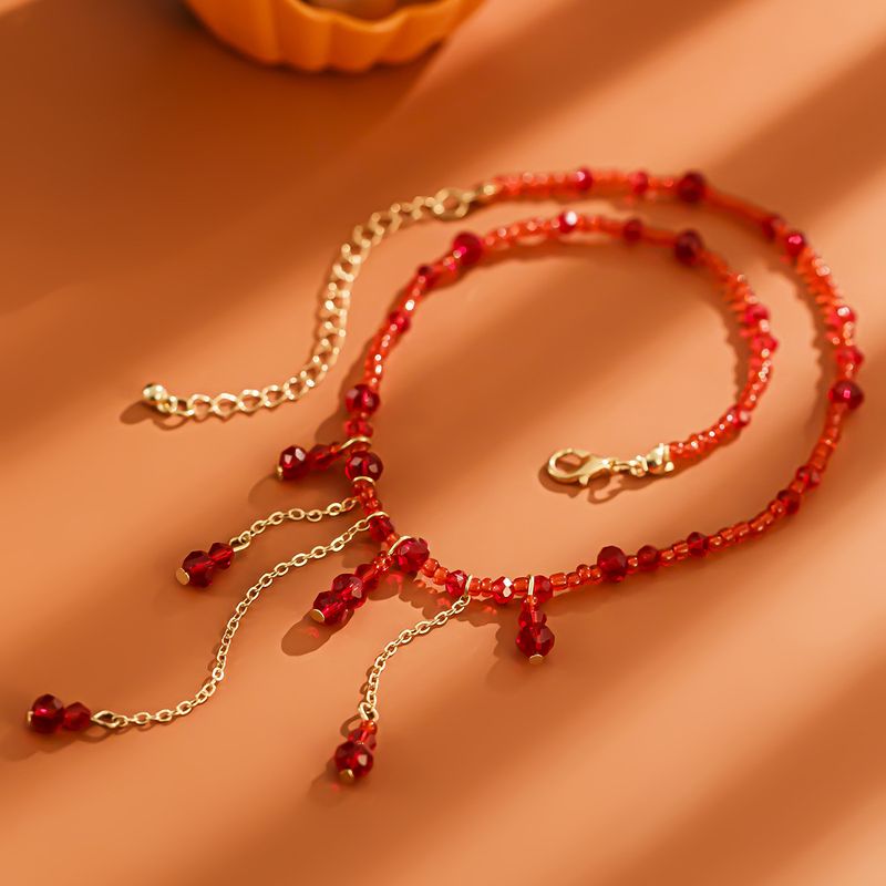 Halloween-Schmuck, Maskenschmuck, furchterregender Schmuck, Accessoires, miimalistischer Stil, Blutstropfen-Kristall-Halskette, Hallowee-Quaste, Kupfer umwickelt, Eisen-Co_voghion.com