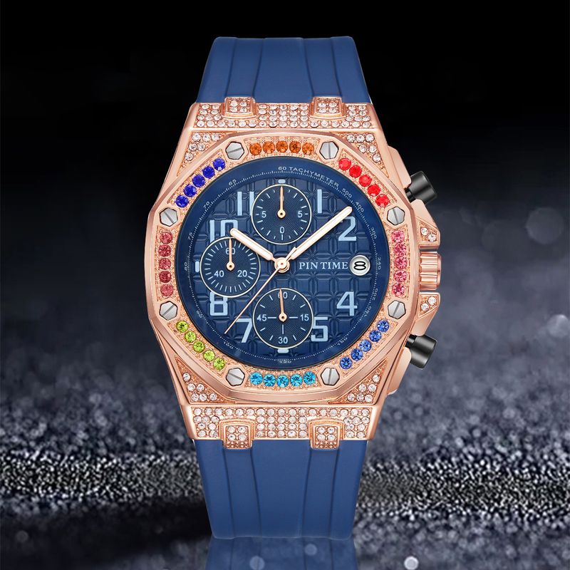 Luxuriöse Herrenuhr mit Diamantakzenten, Multifunktions-Chronograph, Datumsanzeige und 30 m Wasserdichtigkeit – Roségoldgehäuse und Silikonarmband_voghion.com