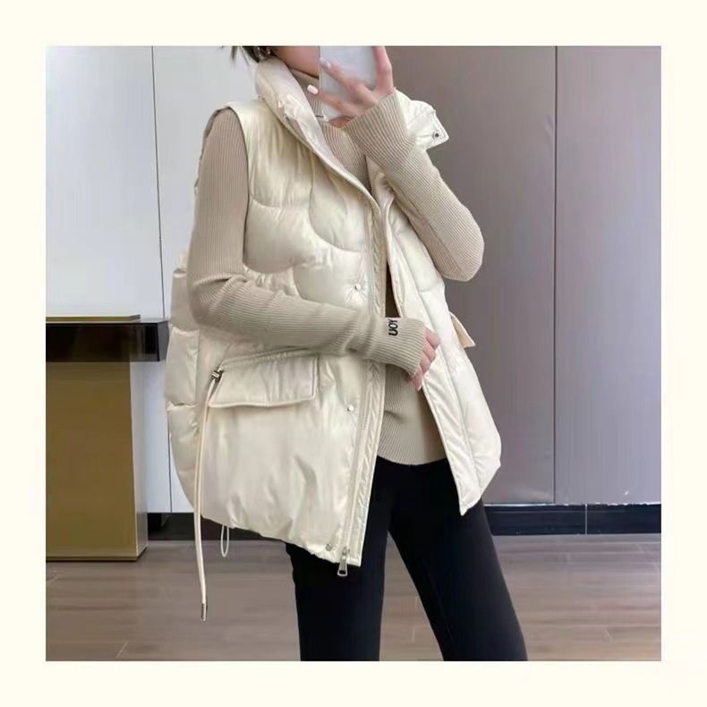 Gilet trapuntato leggero da donna, giacca senza maniche con collo alto, capospalla casual in stile coreano, nero e champagne_voghion.com