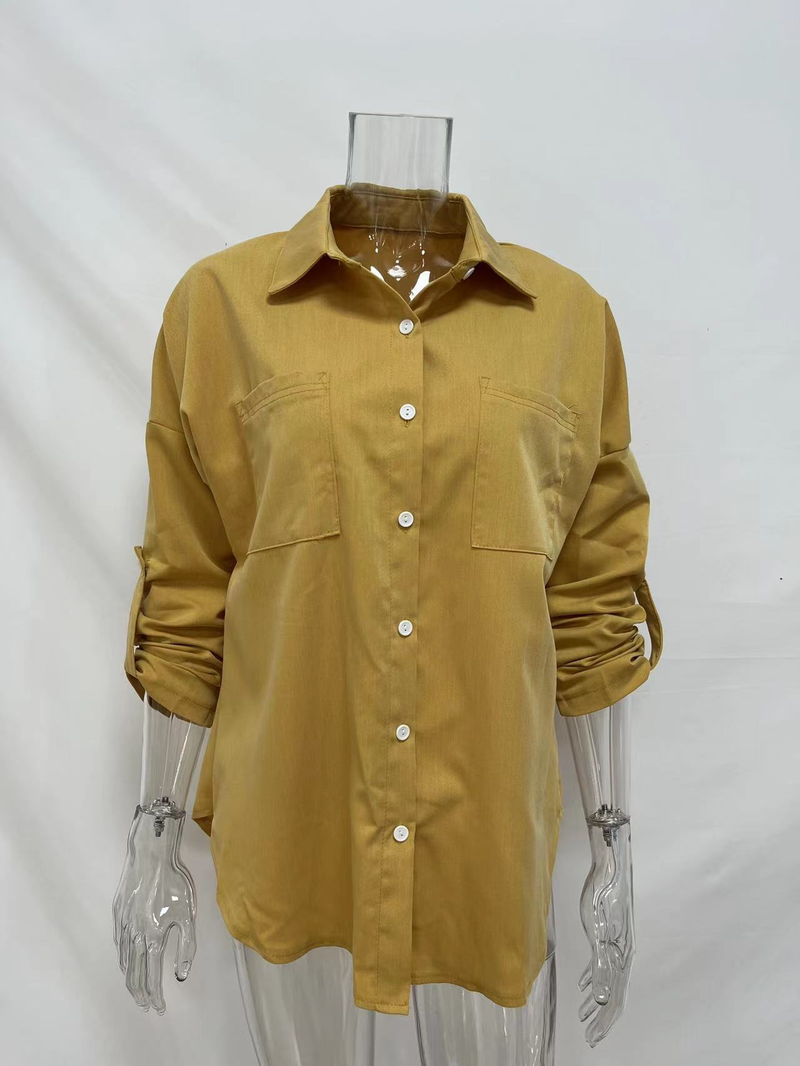 Camicia in denim da donna, camicia da cappotto casual all-match a maniche lunghe con doppia tasca ampia_voghion.com