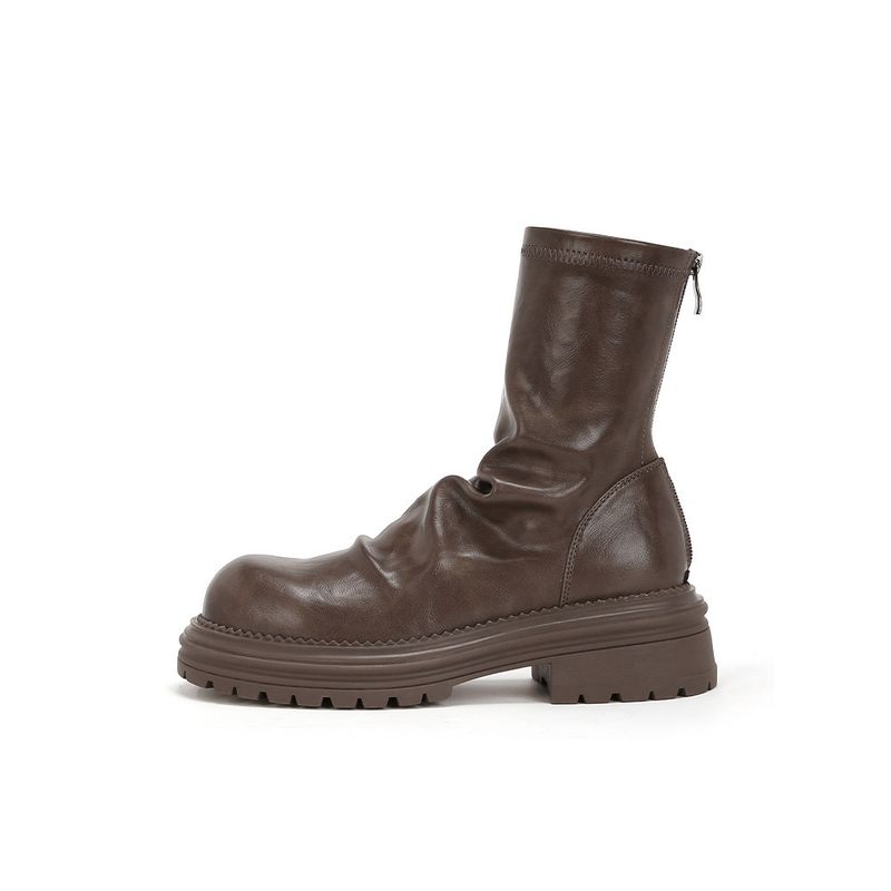 【Sheii Su Yinyin】 Metti in mostra le gambe ~ Aggiungi pieghe morbide, tacchi spessi, pelo elastico, stivali Martin, stivali corti e sottili da donna_voghion.com