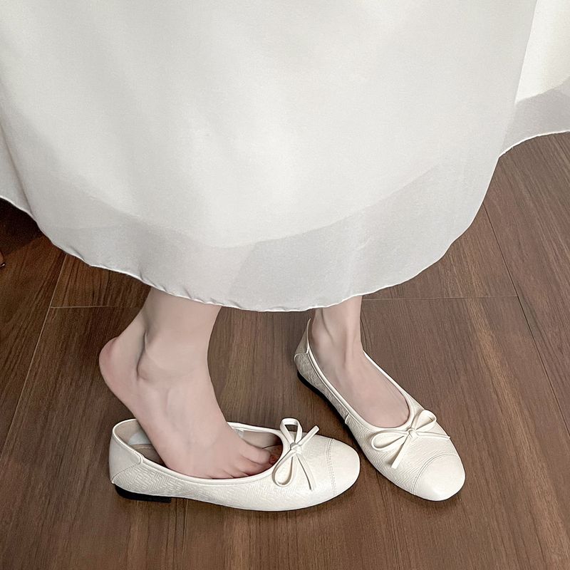 Square Head Shallow Mouth Ballet Flats Women's Bow French Single Shoes Soft-soled Grandma Shoes_voghion.com