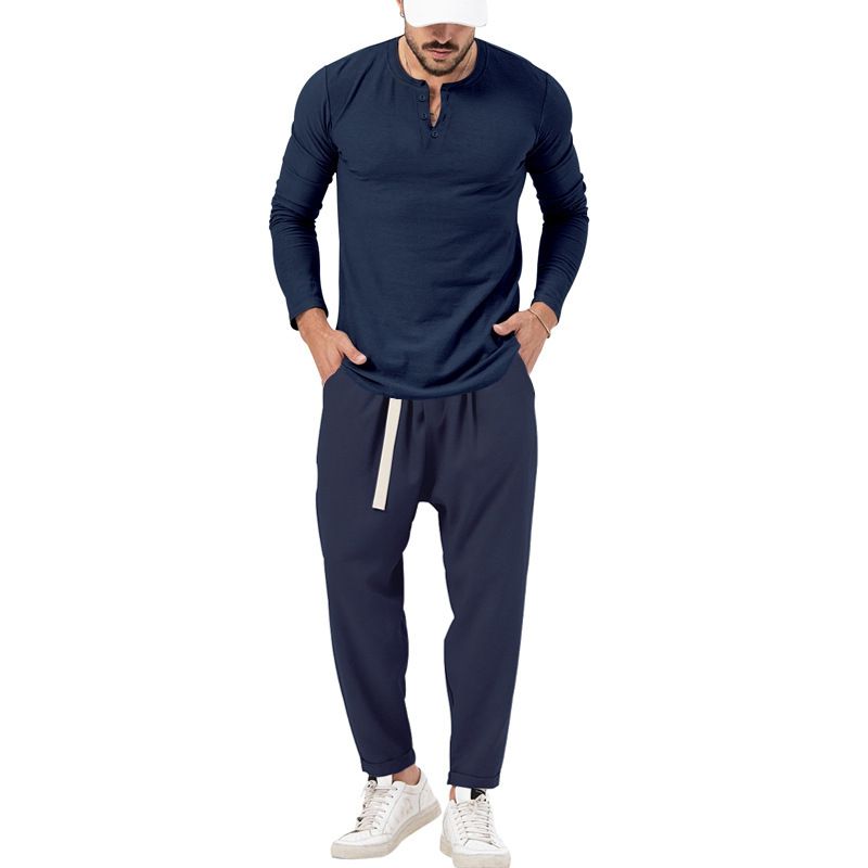 Men's solid color casual long-sleeved Henry T-shirt pantsuit_voghion.com