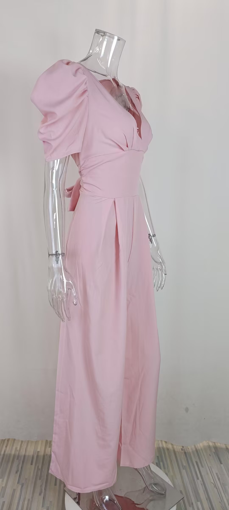 Dametøj dametøj ensfarvet temperament elegant v-hals højtaljet jumpsuit med vide ben_voghion.com