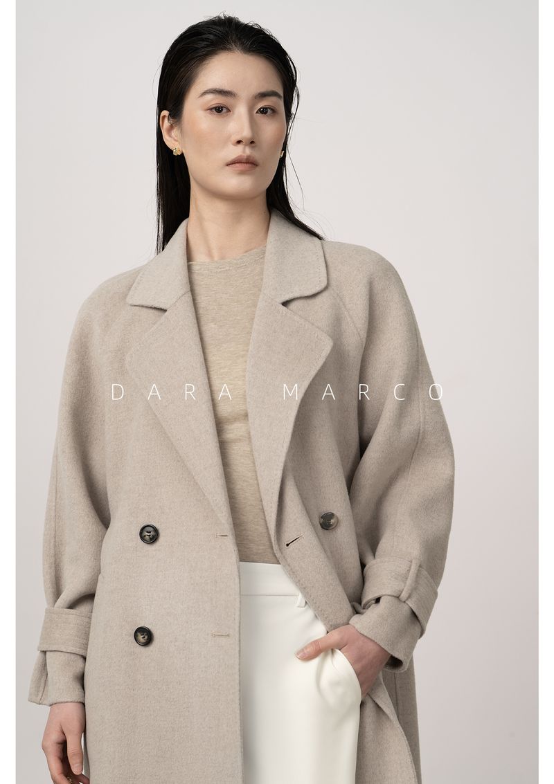 Trench double-face di lusso in misto cashmere e seta per donna – Elegante design con spalle scese, cappotto lungo aderente con drappeggio lusinghiero_voghion.com