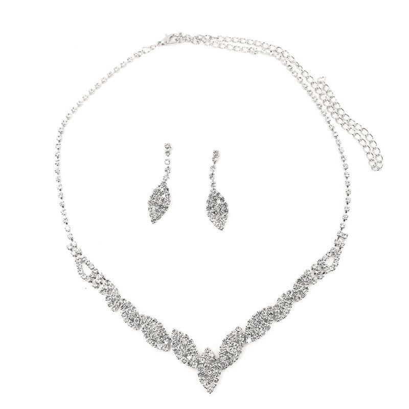 Modischer und exquisiter Strass-eleganter Schmuck Brauthochzeit romantisches Halsketten-Ketten-Ohrring-Set, Zubehör_voghion.com