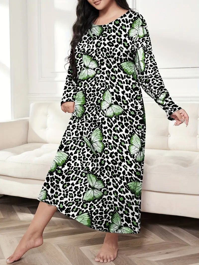 Damenbekleidung Langärmliges Nachthemdkleid mit Schmetterlings- und Herz-Leopardenmuster, überschnittener Schulter, großer Größe_voghion.com