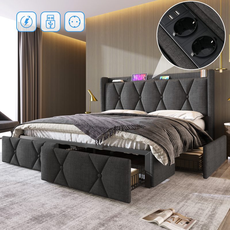 Cadre de lit double avec rangement 140 x 200 cm, avec port USB, tête de lit capitonnée et 4 tiroirs, sommier à lattes en bois gris (avec matelas)_voghion.com
