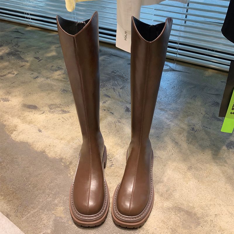 Grape Mom Reitstiefel im gleichen Stil mit hohem Absatz, dicker Sohle, Overknee-Stiefel in Übergröße, weit, mit Fleece gefüttert, lange Röhre für Damen_voghion.com