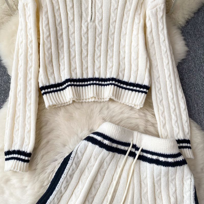 Women's Clothing Autumn and winter lazy style loose lapel striped sweater + high waist slim wide leg shorts knitted suit_voghion.com
