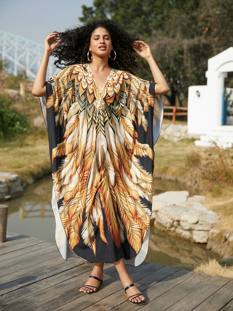 Beach Cover-Up Dress – Flowy Long Bikini Robe With Exotic Prints (Peacock/Abstract/Feather, One Size)_voghion.com