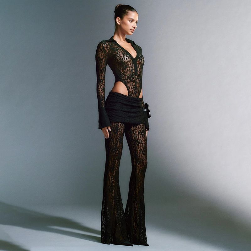 Women's Clothing New Fashion Sexy Versatile Pants Lace Splicing Slim See Through High Waist Flared Pants For Women_voghion.com