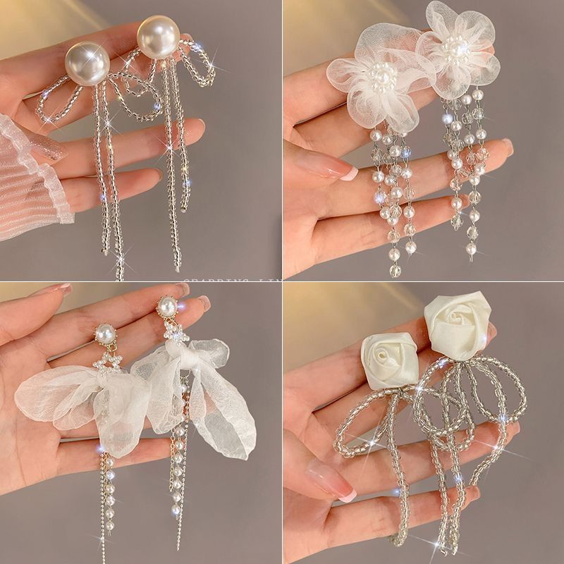 Orecchini pendenti in argento con fiocco elegante ultra immortale, fiore, luce francese, lusso, moda, stile letterario, dolci e versatili_voghion.com