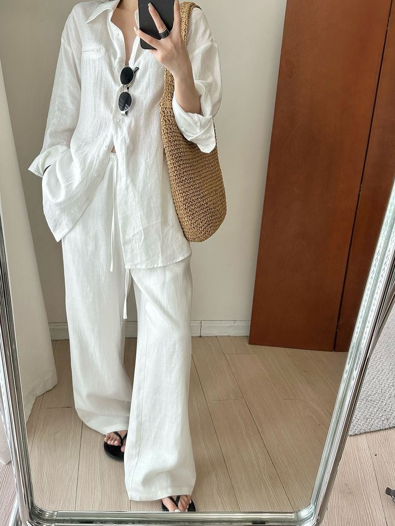 Atmungsaktive Hose aus Leinen-Baumwolle mit weitem Bein für Damen – Relaxed Fit Hose mit hoher Taille und geradem Bein und Kordelzug, lässige Loungewear für den Sommer in Weiß_voghion.com