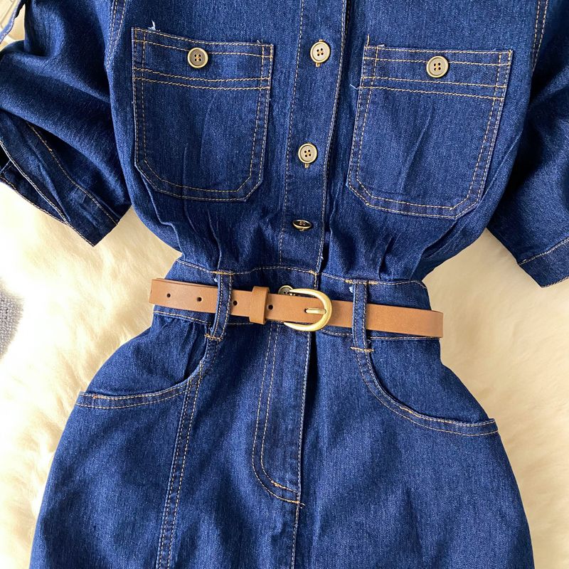 Γυναικεία Ρούχα Φόρεμα Denim με Πόλο και Γιακά, Καλοκαιρινό, Ζώνη με Σχέδιο, Μακριά Φούστα, Εξειδίκευση_voghion.com