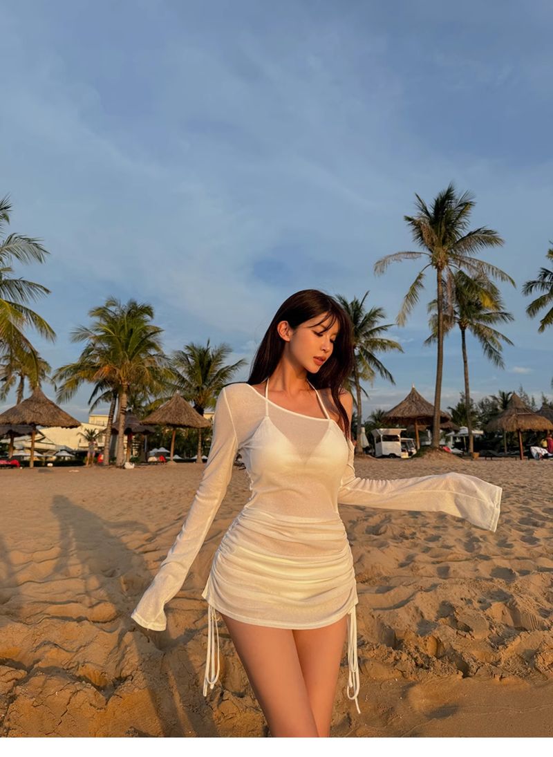 Maillot de bain deux pièces pour femme, modèle niche, simple et sexy, manches longues, épaules dénudées, cache-ventre, amincissant, source chaude_voghion.com