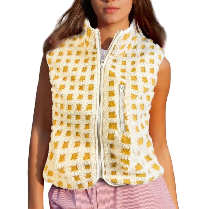 Gilet zippé en polaire gaufrée pour femme, col montant, sans manches, superposition légère et chaude pour l'automne et l'hiver_voghion.com