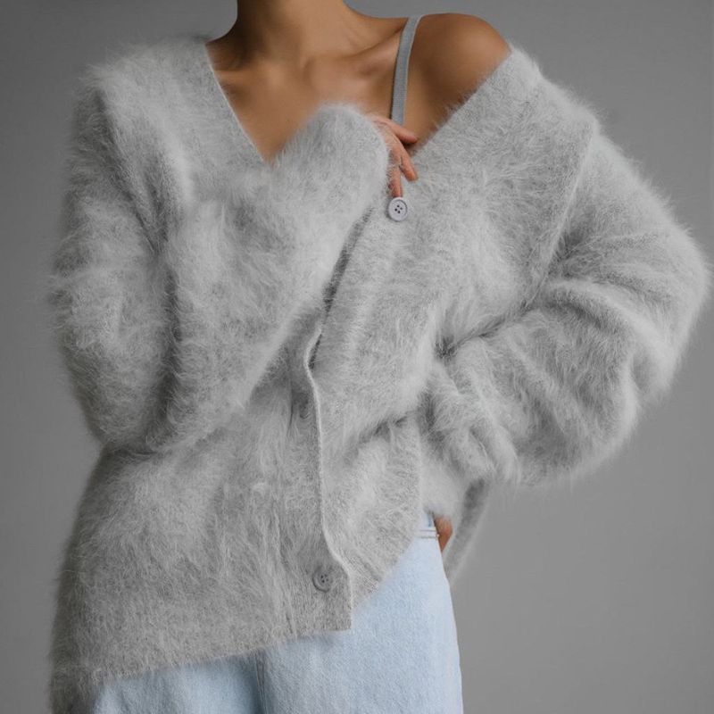 Vêtements pour femmes Pull tricoté à col en V en vison automne et hiver nouveau cardigan ample de couleur unie manteau pour femme_voghion.com