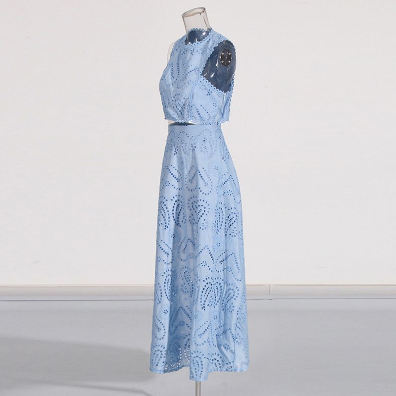 Vêtements pour femmes, col rond, gilet sans manches, taille haute, jupe brodée, costume deux pièces_voghion.com