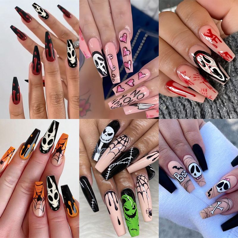 Halloween Wearing Armor Ghost Skull Pumpkin Bat Long 24 Piece False Patch Nail Enhancement_voghion.com