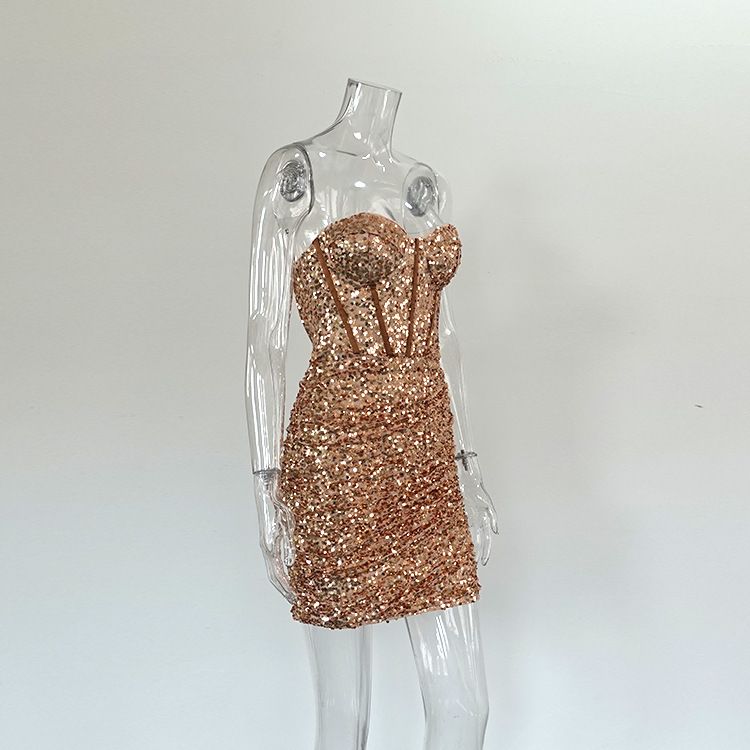 Frühlingsneues sexy glitzerndes trägerloses Korsett-Bodycon-Kleid – Satin-Minikleid mit hoher Taille für Frauen_voghion.com
