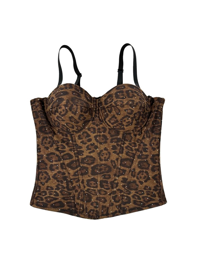Women's Clothing Golden Brown Leopard Suede Short Vest Camisole Inner Wear Can Be Worn Outside Elastic Gathered Fishbone Body Shaping Bra_voghion.com
