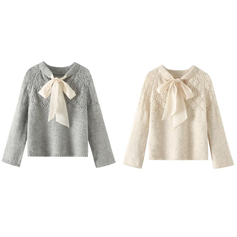 Women's clothing 2024 autumn and winter new bow tie small wave knit sweater_voghion.com