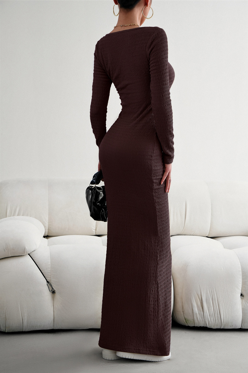 Abito in maglia a maniche lunghe con scollo quadrato sottile stile sexy Kardashian da donna_voghion.com