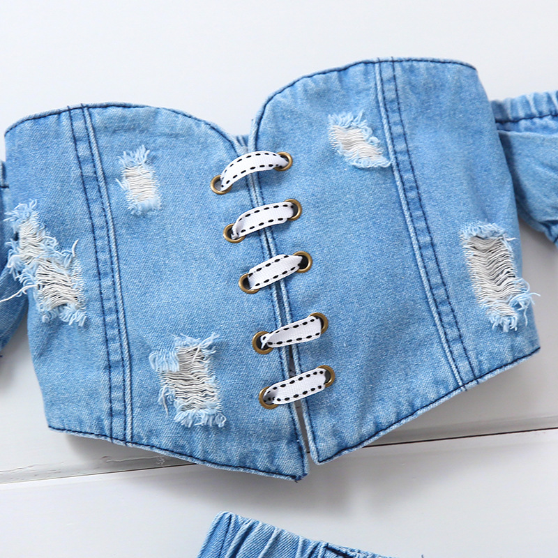 Babytøj Piges off-the-shoulder kortærmede strop-up denim rippet top + shorts sæt_voghion.com