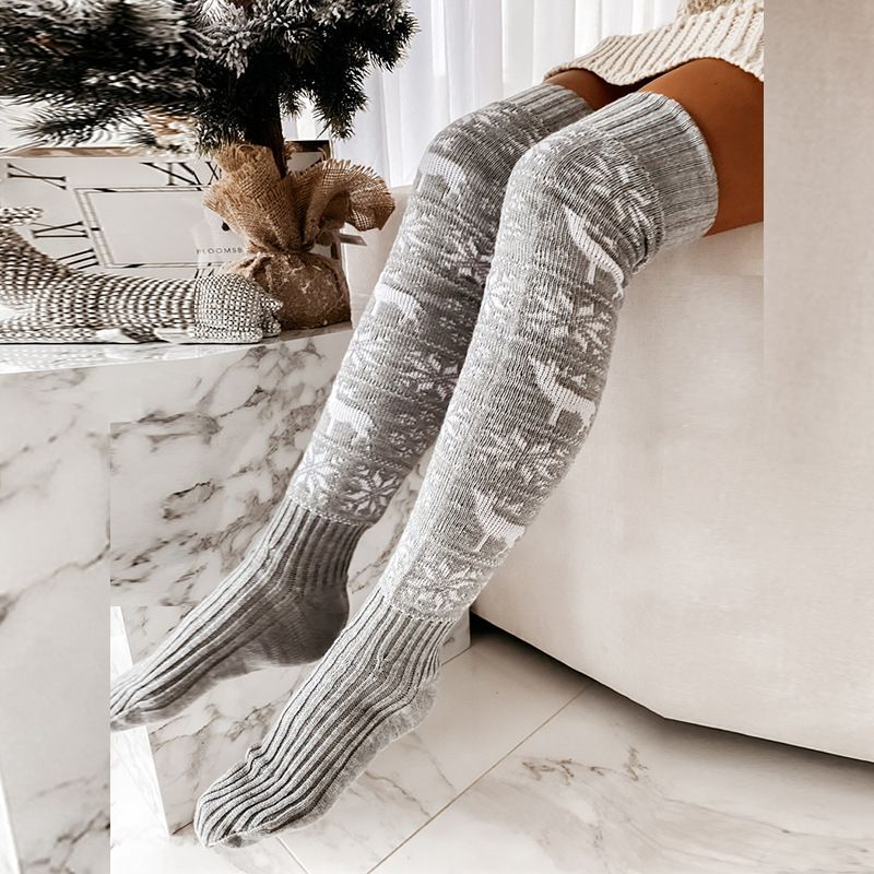 2025d Christmas Reindeer Snowflake Knitted Wool For Women Over-the-Knee Slouch Long Tube Socks_voghion.com