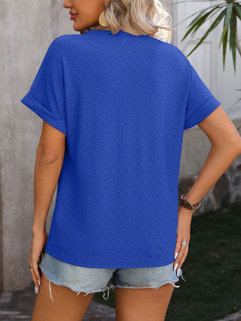 2024 Spring And Summer New V-Neck Button Solid Color Dot Loose Short-Sleeve T-Shirt For Women_voghion.com