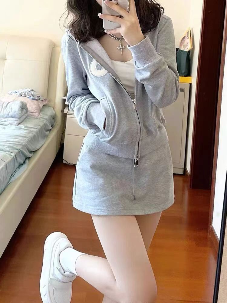 Sweat à capuche zippé américain pour femme, jupe à lacets pour le printemps et l'automne, style décontracté, veste cardigan courte à capuche, ensemble deux pièces_voghion.com
