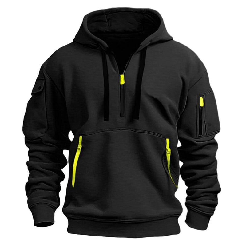 Felpa con cappuccio e zip da uomo, foderata in pile, con tasche multiple, giacca oversize da streetwear per abbigliamento casual autunnale_voghion.com
