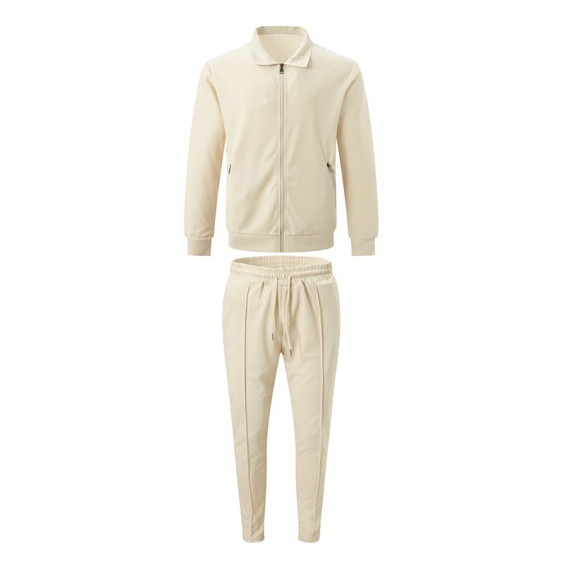 2024 Autumn Youth Waffle Zipper Pocket Turn-down Collar Slim Cardigan Men's Jacket Set_voghion.com