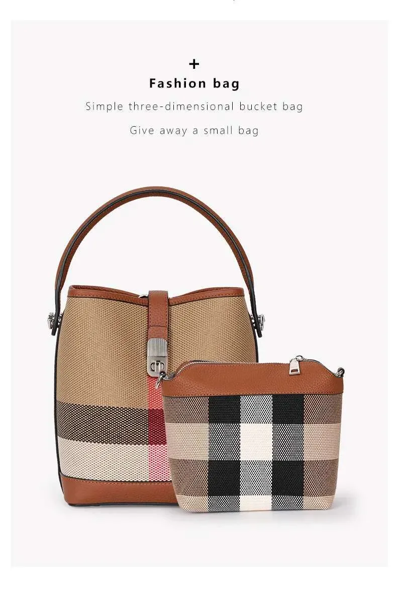 Nuova borsa a tracolla da donna in tela abbinata a pelle di mucca, borsa a secchiello alla moda con motivo scozzese_voghion.com