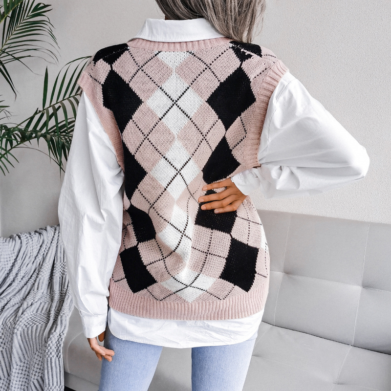 Vêtements pour femmes automne et hiver style collégial losange col en v décontracté gilet tricoté ample pull vêtements pour femmes_voghion.com