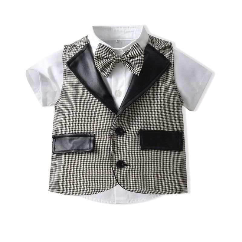 Kinderkleidung Neue Frühlings- und Herbstkleidung für Jungen, kleine karierte Weste, kurzärmeliger Hemdanzug für Kinder, einjährige Kleider-Performance-Kleidung_voghion.com