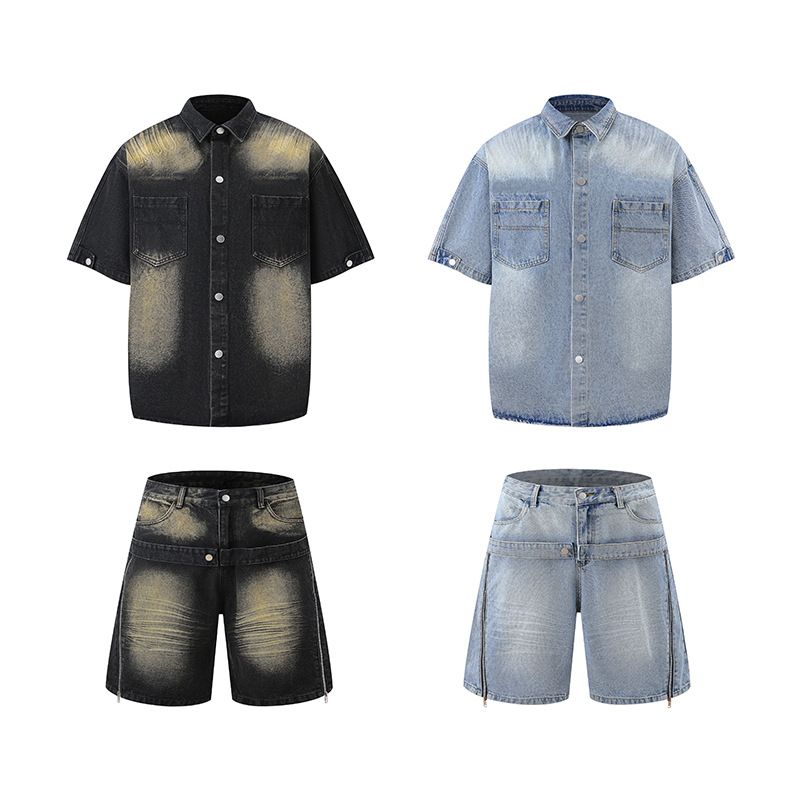 Herrenbekleidung Washed Old Denim Kurzarmjacke Weite Beinhose Anzug Herren Loose Summer Ins Denim Anzug_voghion.com