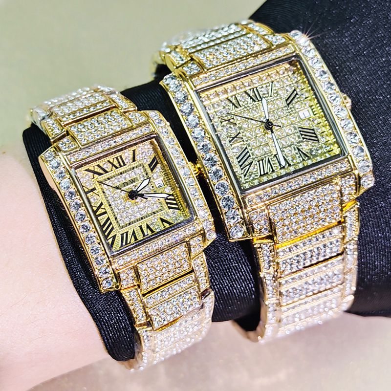 Hip Hop Starry Sky Diamond Square Horloge Volledige Diamant Kalender Koppel Mannen En Vrouwen Horloge Vlindersluiting Horloges_voghion.com