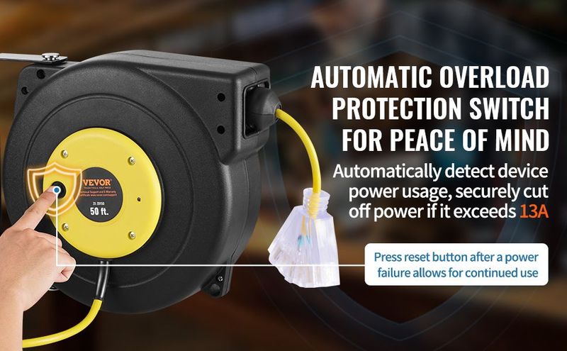 VEVOR Retractable Extension Cord Reel Power Cord Reel 50FT 14AWG/3C SJTOW_voghion.com