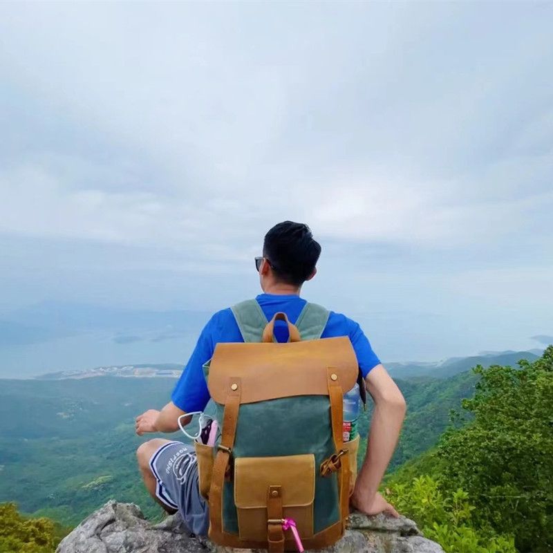 Reise Männer Öl Wachs Leinwand Outdoor Leder Rucksack_voghion.com