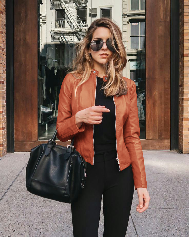 Spring Autumn Oversized Stand Collar Fashion Zipper Jacket Ladies Slim All-match PU Leather Coat Top Women Solid Color_voghion.com