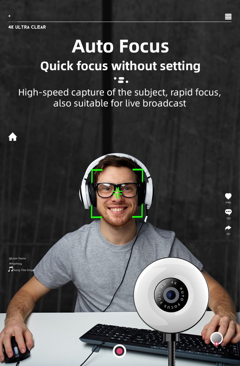Webcam 4K con messa a fuoco automatica, luce di riempimento a LED e riduzione del rumore, telecamera USB Plug-Play per zoom/streaming/lezioni online, cuffie cablate gratuite incluse_voghion.com