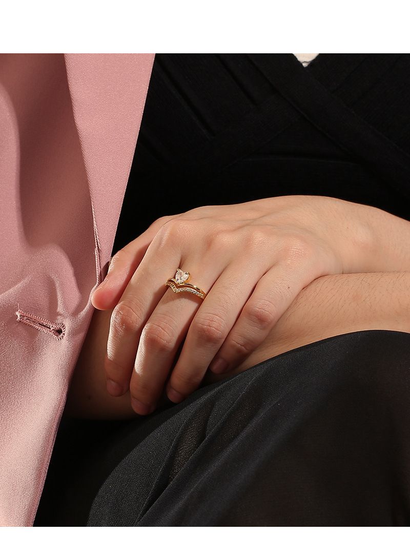 Temperamento Luxo Anel de Camada Dupla Feminino Amor Zircão Retro Anel Versátil_voghion.com