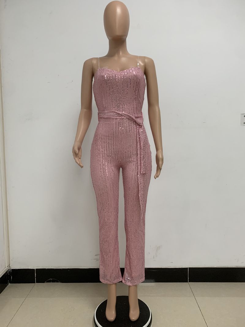 Dametøj Ærmeløs pailletterbæltejumpsuit ensfarvet tubetop rygløs jumpsuit_voghion.com
