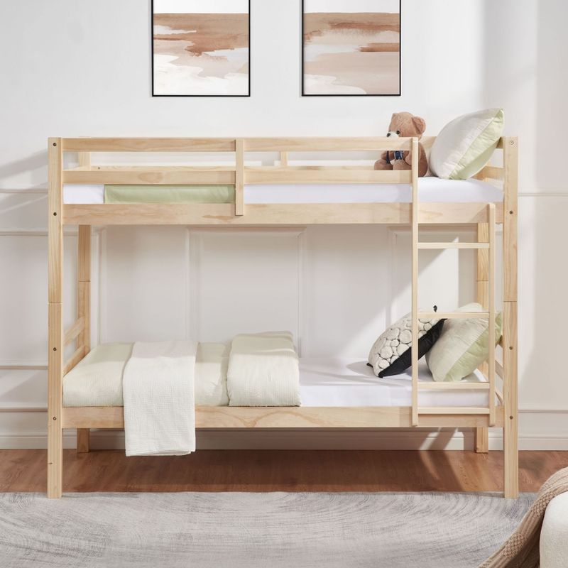 Twin Over Twin Bunk Bed With Thick Posts,Wooden Bunk Bed With High Guardrail And Ladder For Kids, Teens, Dorm Rooms, And Guest Rooms,No Box Spring Needed,Natural_voghion.com